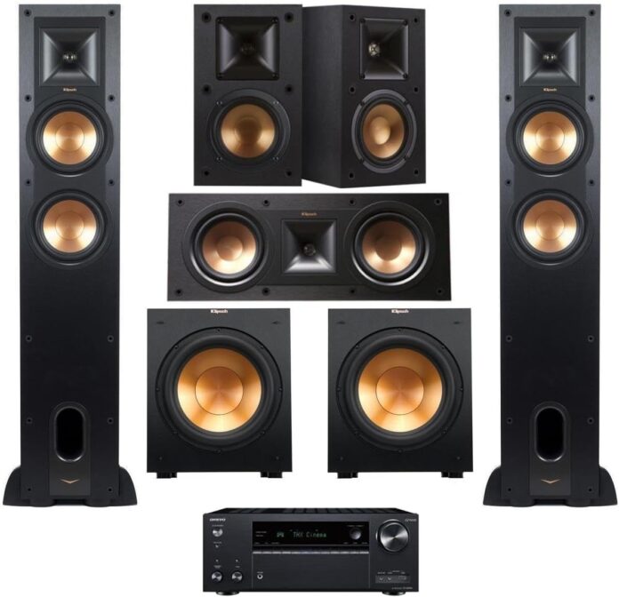 Klipsch Reference 5.1 Home Theater System, Bundle with 2X R-26FA Floorstanding Speaker, 2X R-41M Bookshelf Speaker, R-25C Center Channel Speaker, R-12SW Subwoofer, Onkyo TX-NR696 7.2 Receiver