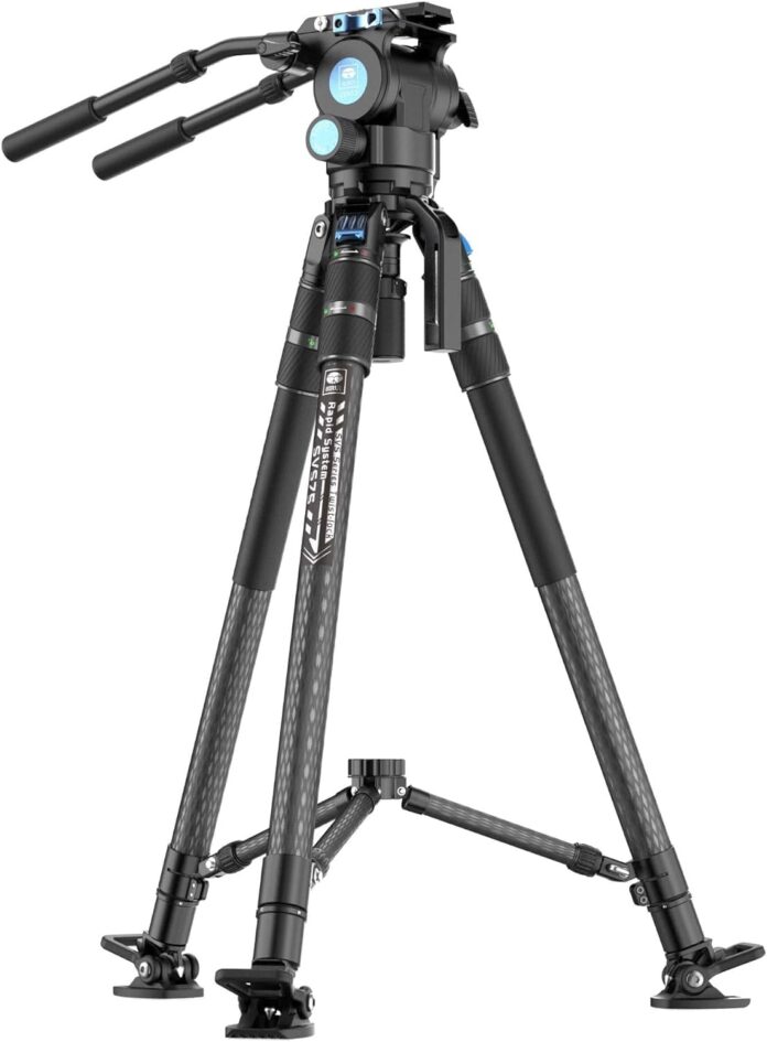 SIRUI Heavy-Duty Carbon Fiber Tripod System, Video Tripod with Fluid Head, One-Step Height Adjustment, Mid-Level Spreader, Dual-Mode QR Plate, Load up to 55.1lbs, Professional Tripod for Video Camera