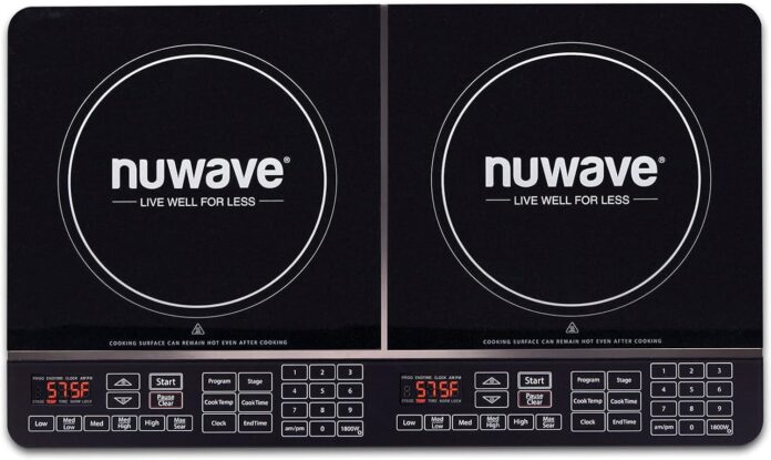 Nuwave Double Induction Cooktop, Powerful 1800W, 2 Large 8” Heating Coils, Independent Controls, 94 Temp Settings from 100°F to 575°F in 5°F Increments, 2 x 11.5” Shatter-Proof Ceramic Glass Surface