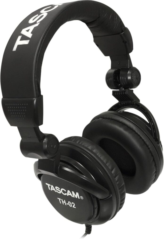 TASCAM TH-02 Professional Studio Monitor Headphones, Wired, Over Ear — for Recording, Podcast, DJ, Music and Guitar, with 1/4 Inch Jack Adapter