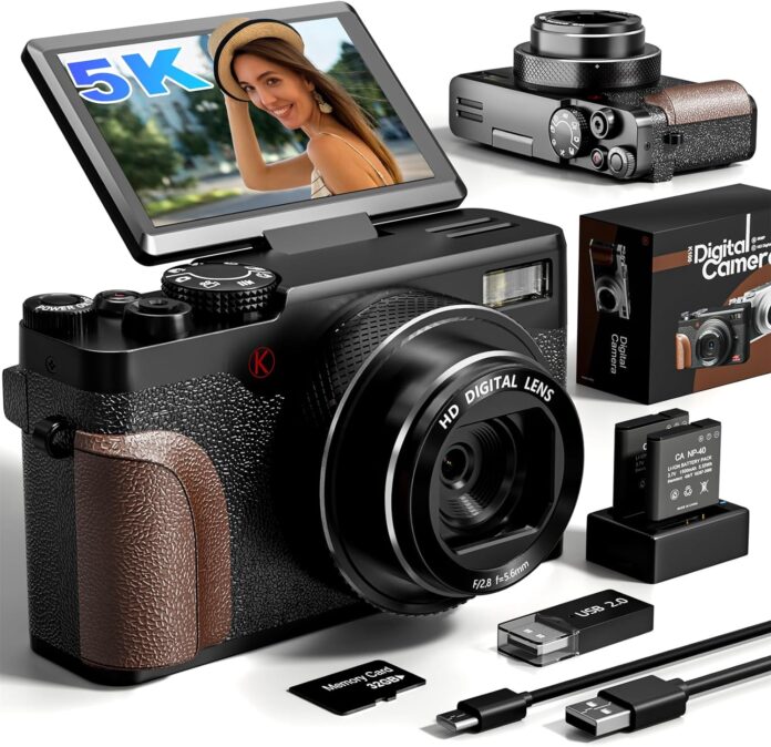 Digital Camera, 64MP Cameras for Photography, 5K Vlogging Camera for YouTube, 180°Flip Screen Digital Point and Shoot Camera with 18X Zoom, Compact Camera for Beginner with 32GB SD Card(2 Batteries)