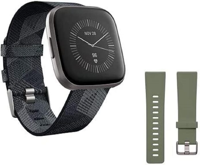 Fitbit Versa 2 Special Edition Health and Fitness Smartwatch with Heart Rate, Music, Alexa Built-In, Sleep and Swim Tracking, Smoke Woven/Mist Grey, One Size (S and L Bands Included)