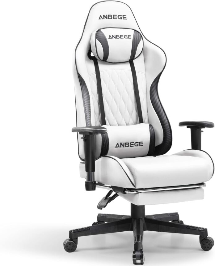 Gaming Chair, Ergonomic Computer Chair with Footrest and Lumbar Support,Office Chair Adjustable PU Leather Racing Executive Swivel Rolling Chair (White)