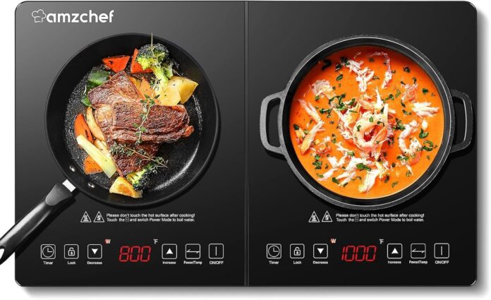 Double Induction Cooktop AMZCHEF Induction Cooker 2 Burners, Low Noise Electric Cooktops With 1800W Sensor Touch, 20 Temperature & Power Levels,Independent Control,3-hour Timer, Safety Lock