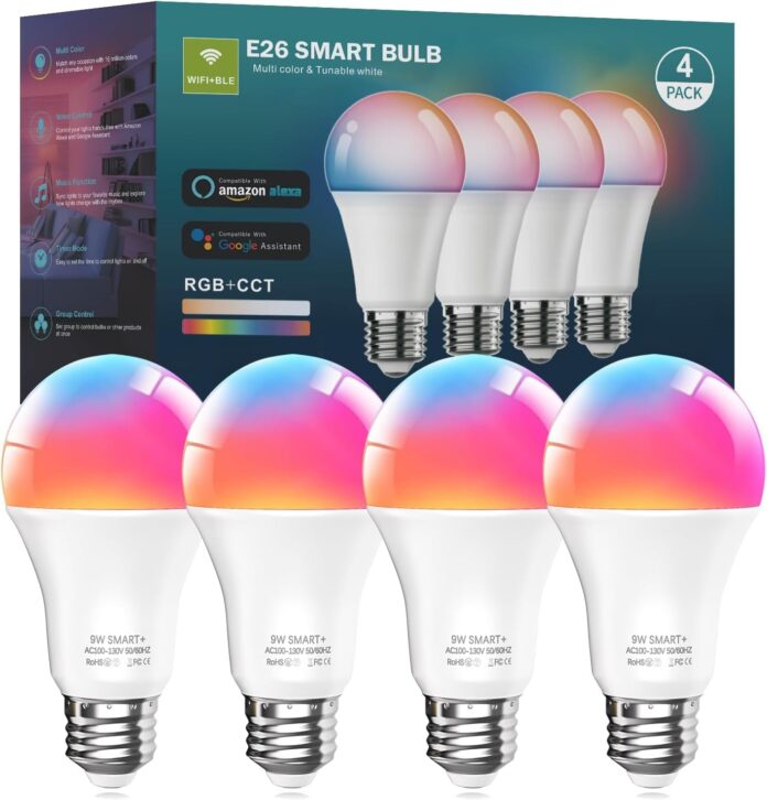 luckystyle Smart Light Bulbs, 9W A19 E26 800LM WiFi Bluetooth LED Bulbs Compatible with Alexa, Google Assistant & Home, 16 Million Colors Music Sync Color Changing Dimmable RGBWW Lights Bulb (4)