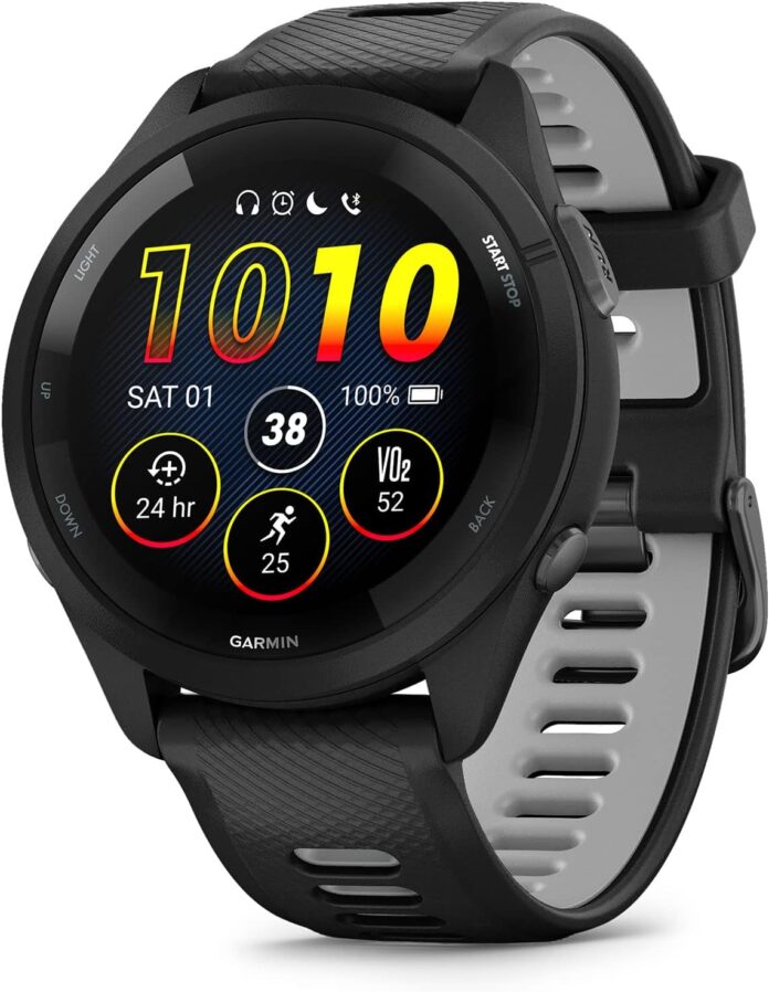 Garmin Forerunner 265 Running Smartwatch, Colorful AMOLED Display, Training Metrics and Recovery Insights, Black and Powder Gray