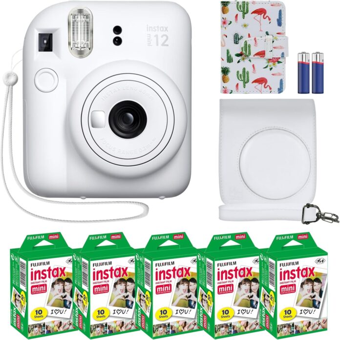 Fujifilm Instax Mini 12 Instant Camera + MiniMate Accessory Bundle & Compatible Custom Case + Fuji Instax Film Value Pack (50 Sheets) Flamingo Designer Photo Album (Clay White)